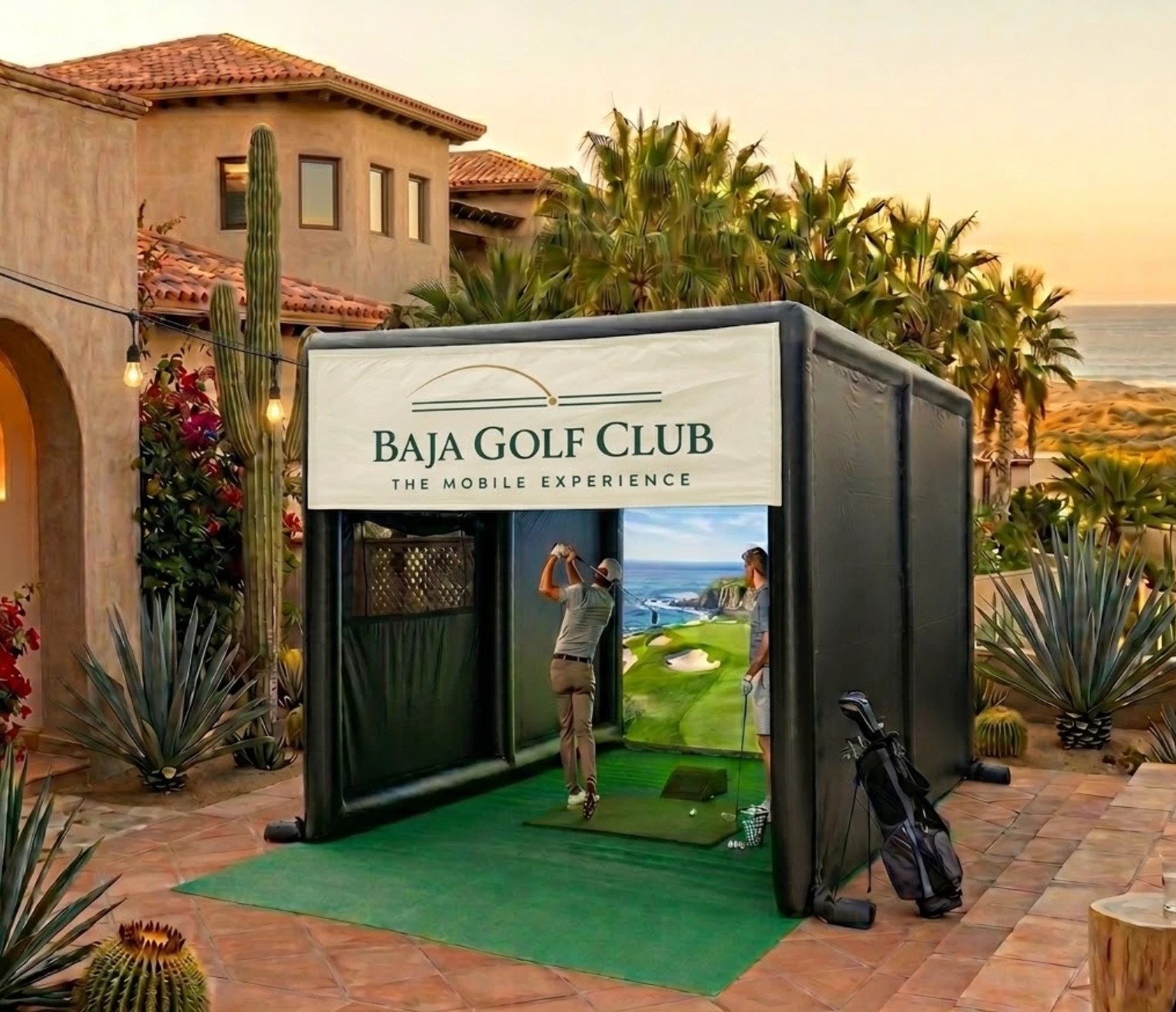 Professional golf simulator experience at a private villa courtyard in Baja California Sur with desert landscape views